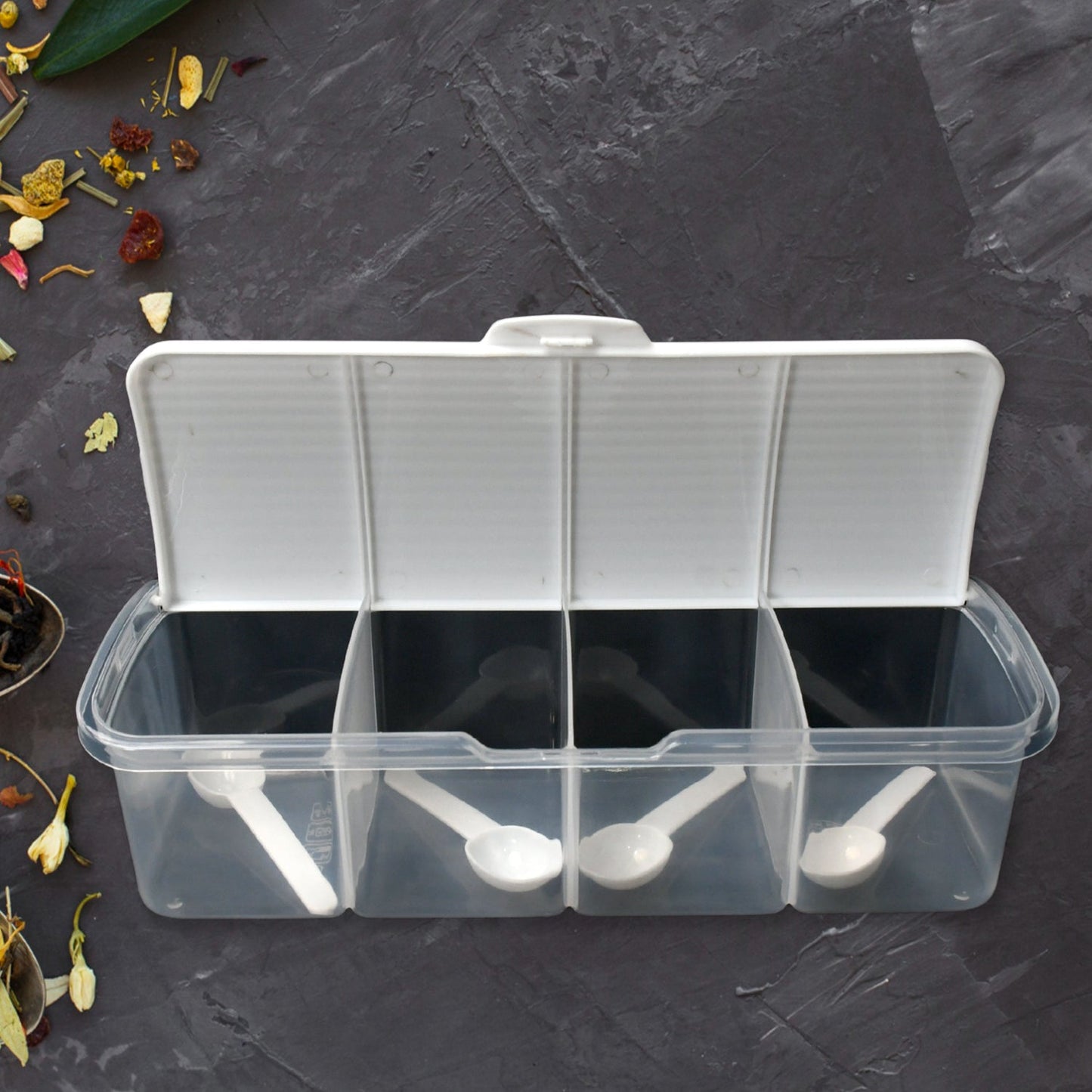 8263 Kitchen Multipurpose Air-tight 4 Sections Storage Containers / Masala Box Pickle (Achar) Jar with 4 spoon for each section (1 Pc / Mix Color)