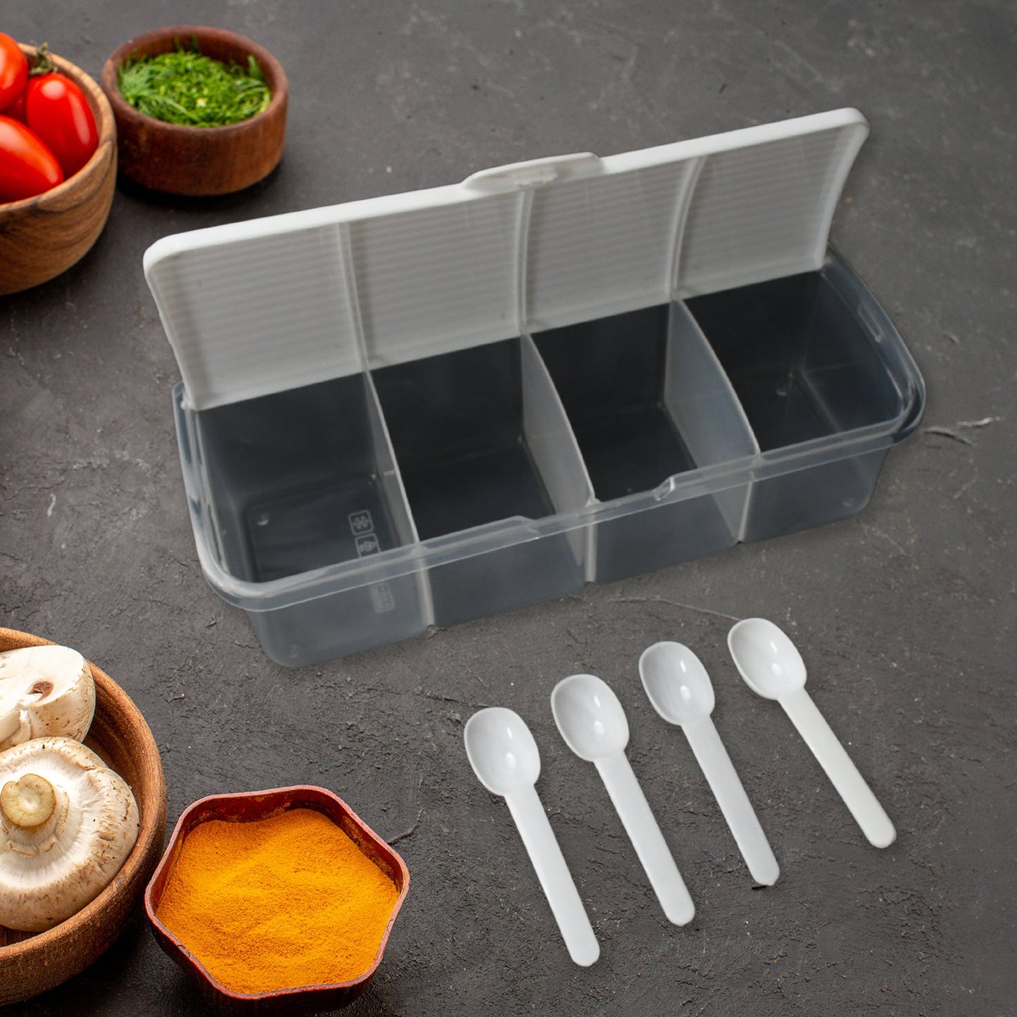 8263 Kitchen Multipurpose Air-tight 4 Sections Storage Containers / Masala Box Pickle (Achar) Jar with 4 spoon for each section (1 Pc / Mix Color)