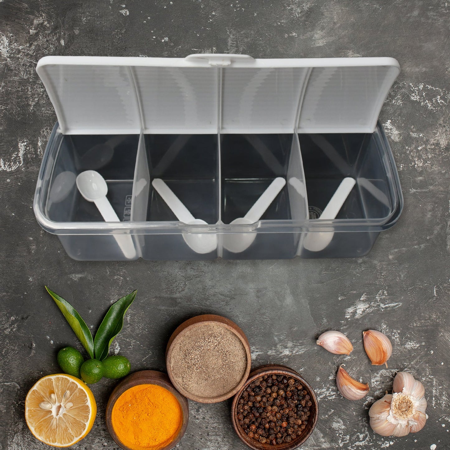 8263 Kitchen Multipurpose Air-tight 4 Sections Storage Containers / Masala Box Pickle (Achar) Jar with 4 spoon for each section (1 Pc / Mix Color)