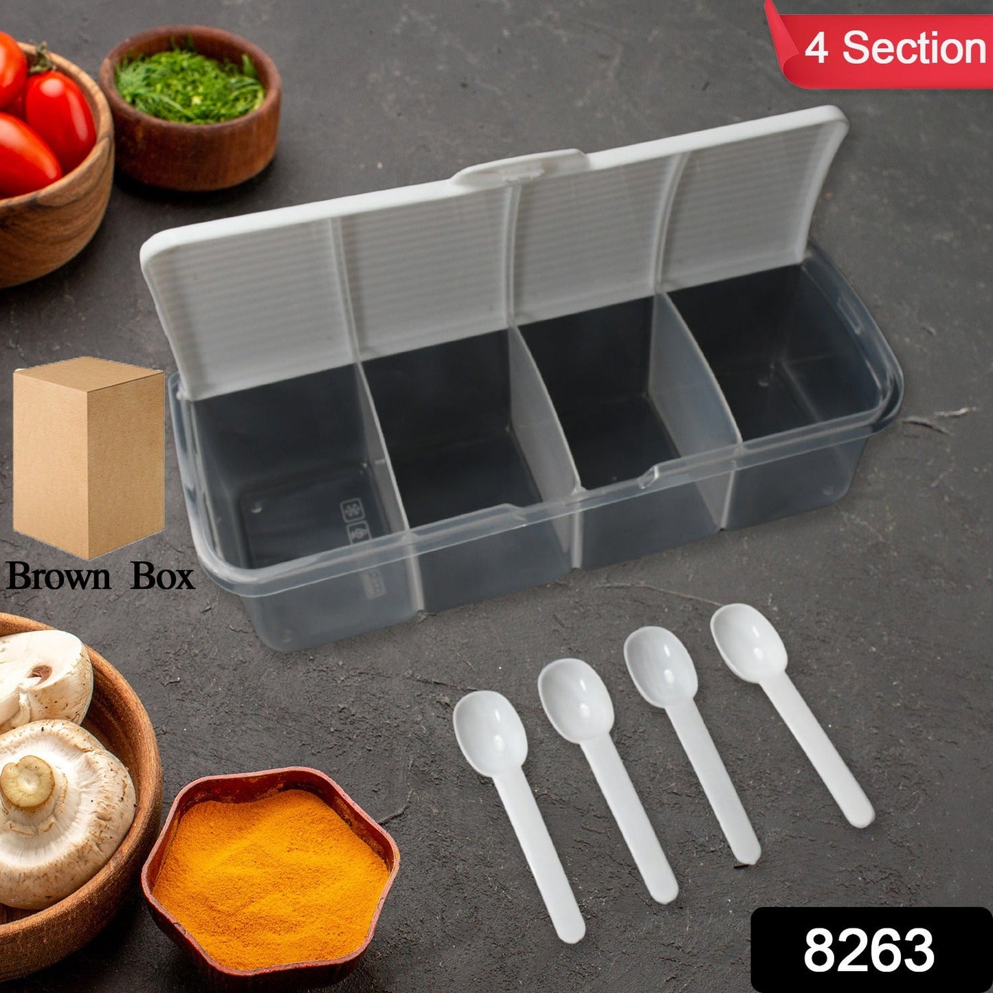 8263 Kitchen Multipurpose Air-tight 4 Sections Storage Containers / Masala Box Pickle (Achar) Jar with 4 spoon for each section (1 Pc / Mix Color)